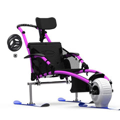 VipaMat Hippocampe Beach All-terrain Wheelchair- pink color with front & rear skis / font right side view