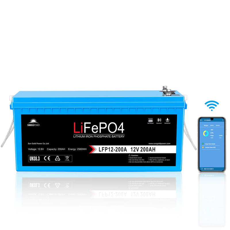 SunGoldPower 12V 200Ah LiFePo4 Deep Cycle Lithium Battery Bluetooth / Self-Heating / IP65
