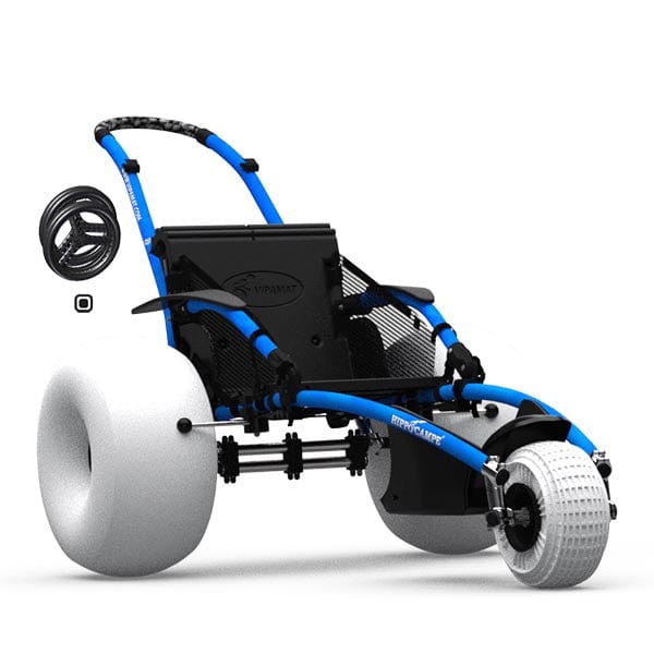 VipaMat Hippocampe Beach All-terrain Wheelchair- blue color with ballon wheels front right side view