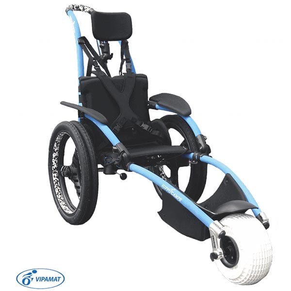 VipaMat Hippocampe Beach All-terrain Wheelchair- sky bkue color / front right side view / with mixed harness