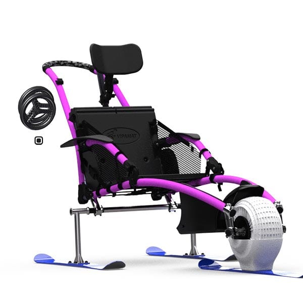 VipaMat Hippocampe Beach All-terrain Wheelchair- pink color with front & rear skis / font right side view