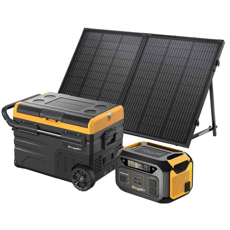 BougeRV Flash300 286Wh Power Station + 1x 130W Solar Panel + 1x 37 Quarts Solar Fridge Freezer Travel Kit
