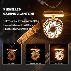 Portable Camping Fan with LED Lantern- 64H Work Time Rechargeable Battery Operated Fan with Hanging Hook for Tent Car RV, 4 Speeds,4000 mAh, Small Ceiling Desk Fans,310° Rotation, Quiet,Indoor Outdoor