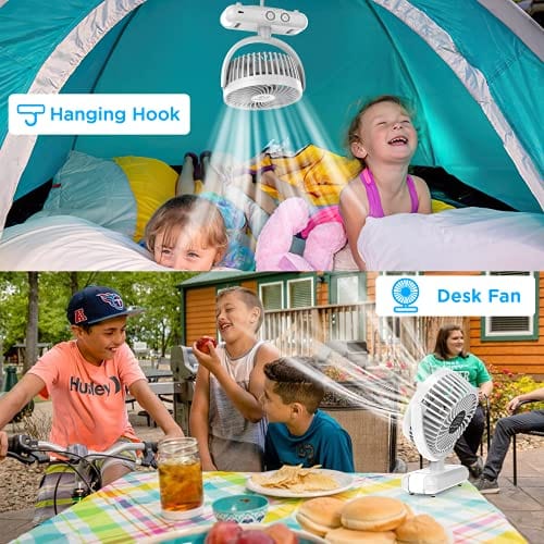 Portable Camping Fan with LED Lantern- 64H Work Time Rechargeable Battery Operated Fan with Hanging Hook for Tent Car RV, 4 Speeds,4000 mAh, Small Ceiling Desk Fans,310° Rotation, Quiet,Indoor Outdoor
