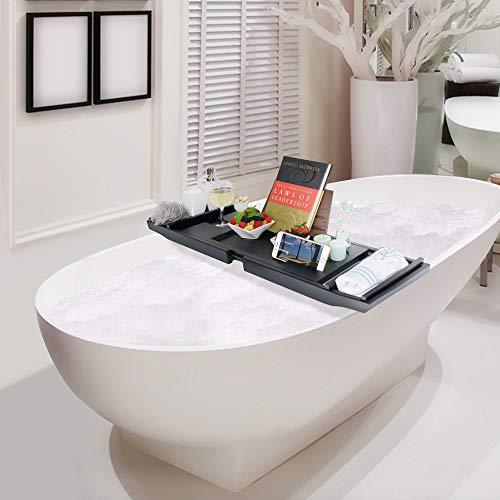 ROYAL CRAFT WOOD Luxury Bamboo Bathtub Caddy Tray with Book and Wine Holder - One or Two Person Bath and Bed Tray with Extending Sides - Free Soap Dish (Black)